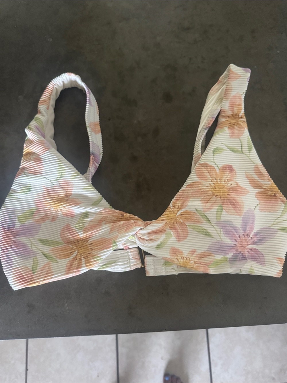 Billabong Floral Ribbed Bikini Top in White, Peach, Lavender